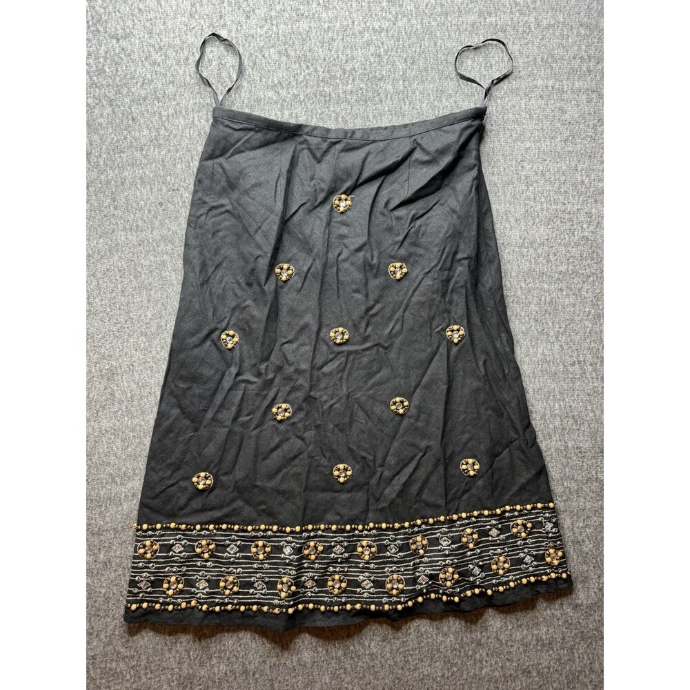 Willi Smith Black Linen Blend Beaded Embellished Skirt Size 6 Boho Festival